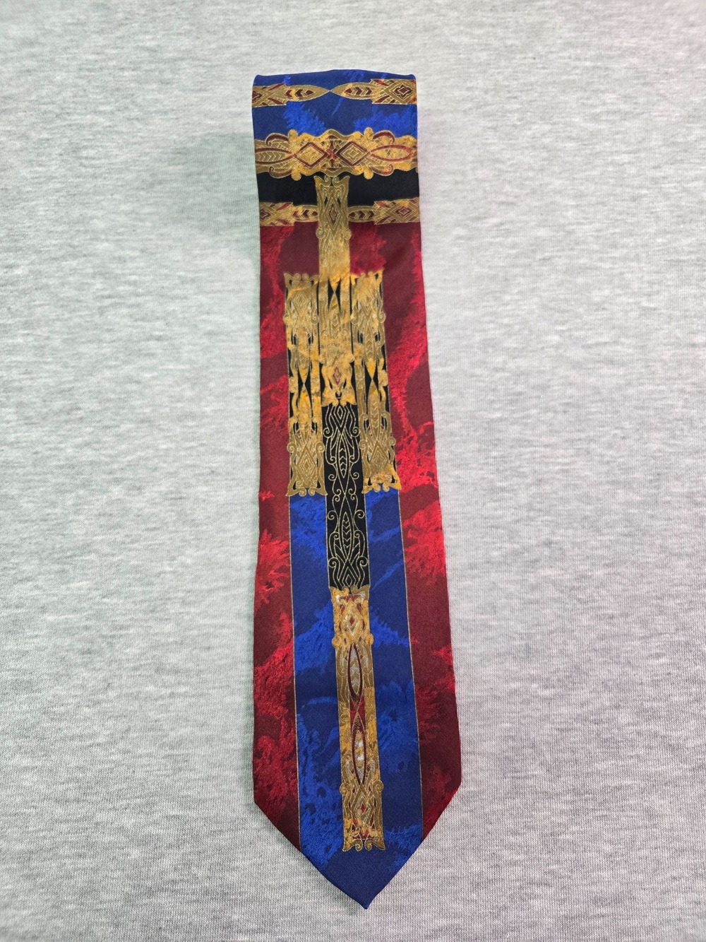 Vtg Tie Mens One Size Red Blue Gold Geometric Silk Jacquard Necktie Classic